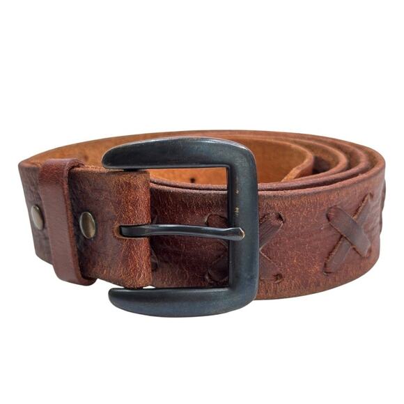 Aeropostale Mens Brown Distressed Leather Belt X Pattern Sz XL 44"x1.5" Wide - Picture 1 of 7